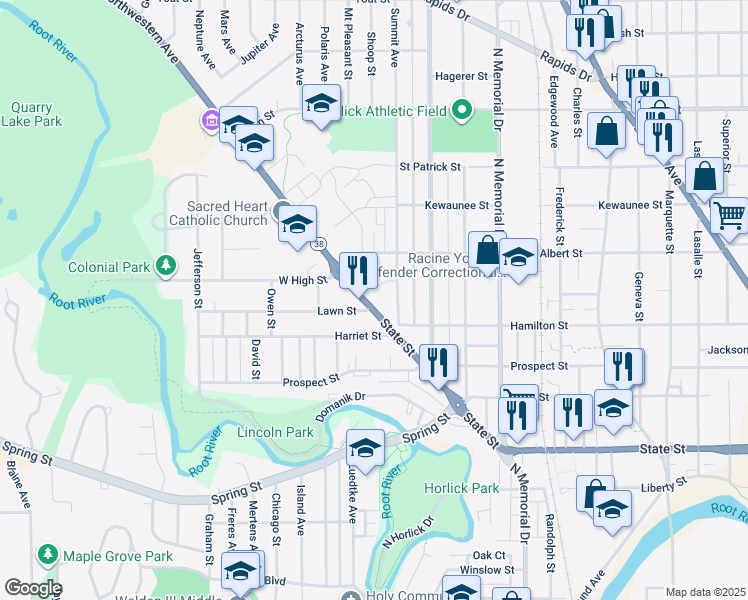map of restaurants, bars, coffee shops, grocery stores, and more near 1948 State Street in Racine