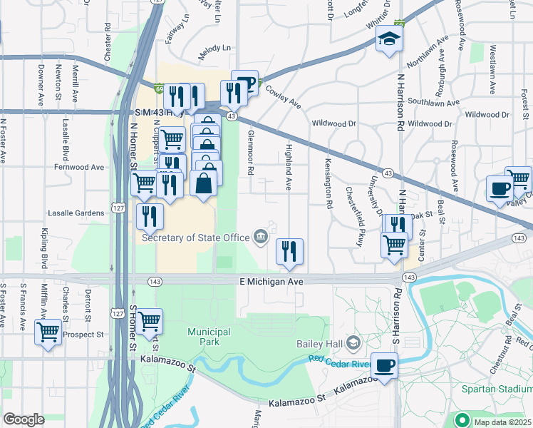 map of restaurants, bars, coffee shops, grocery stores, and more near 200 Friendship Circle in Lansing