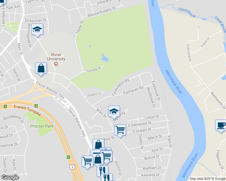 map of restaurants, bars, coffee shops, grocery stores, and more near 36 Farmington Road in Nashua