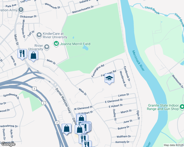 map of restaurants, bars, coffee shops, grocery stores, and more near 36 Farmington Road in Nashua