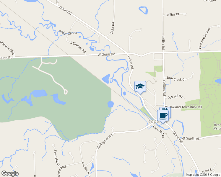 map of restaurants, bars, coffee shops, grocery stores, and more near Paint Creek Trail in Oakland Charter Township