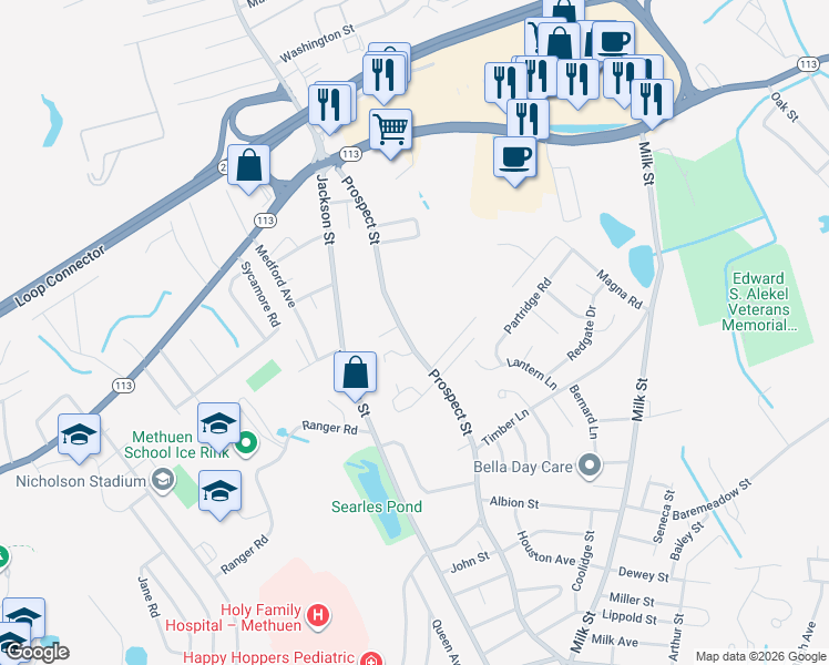 map of restaurants, bars, coffee shops, grocery stores, and more near 615 Prospect Street in Methuen