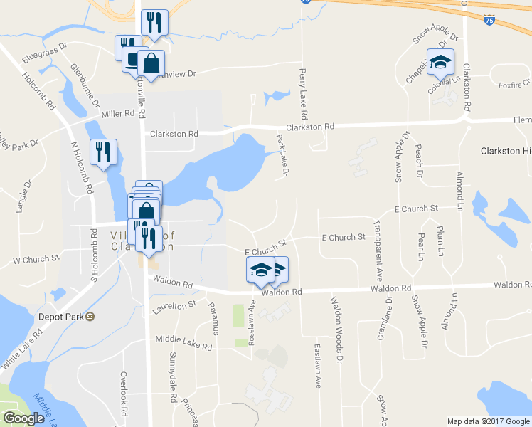 map of restaurants, bars, coffee shops, grocery stores, and more near 6510 East Washington Street in Clarkston