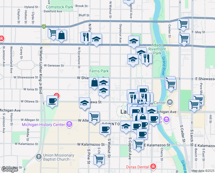 map of restaurants, bars, coffee shops, grocery stores, and more near 307 North Walnut Street in Lansing