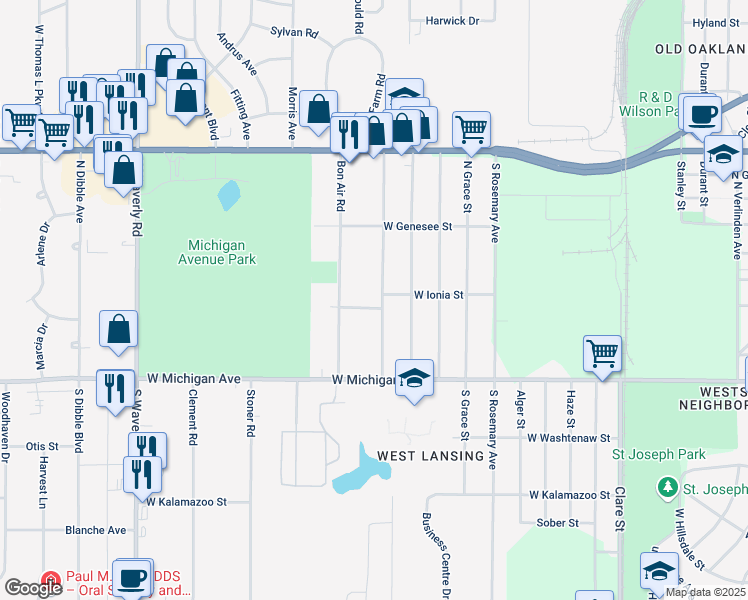 map of restaurants, bars, coffee shops, grocery stores, and more near 307 North Deerfield Avenue in Lansing