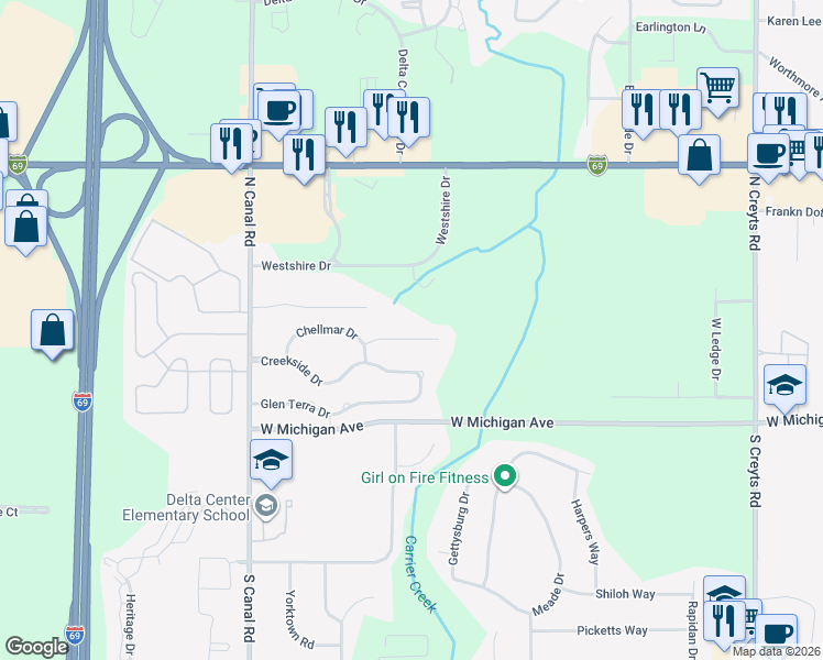 map of restaurants, bars, coffee shops, grocery stores, and more near 7208 Medallion Drive in Lansing