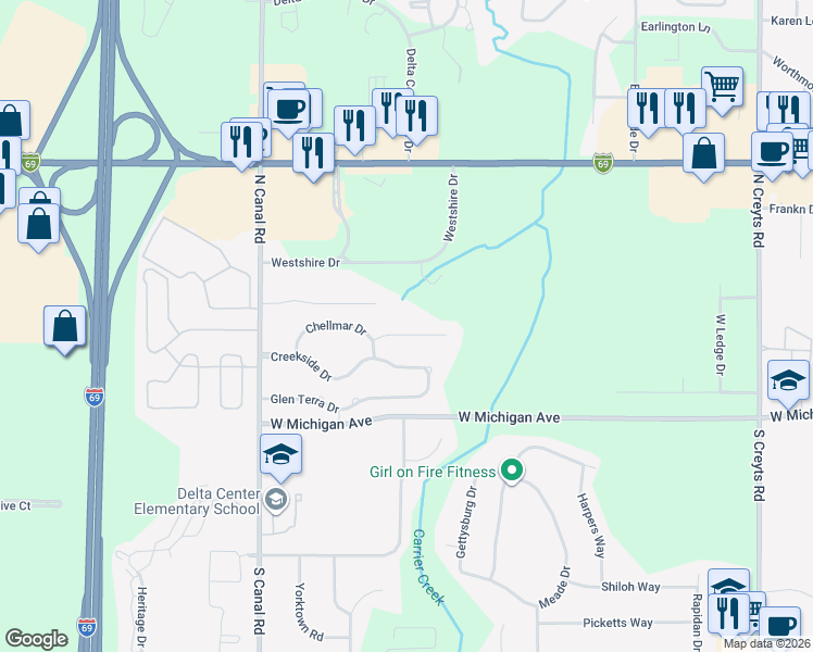 map of restaurants, bars, coffee shops, grocery stores, and more near 7208 Medallion Drive in Lansing