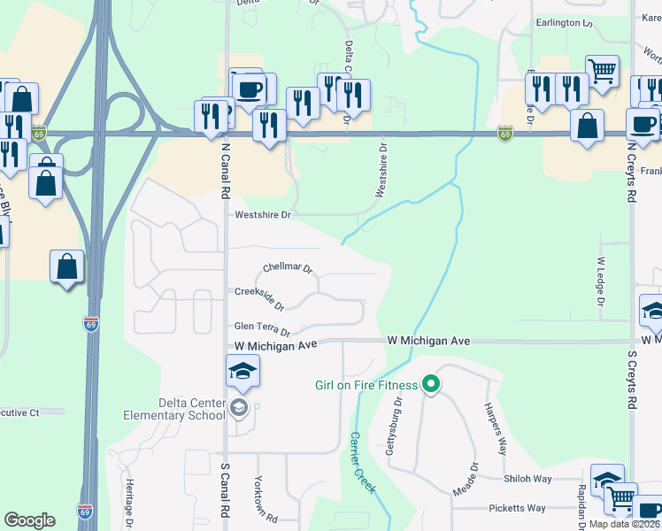 map of restaurants, bars, coffee shops, grocery stores, and more near 7240 Medallion Drive in Lansing