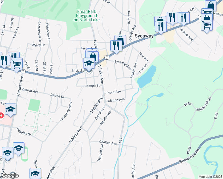 map of restaurants, bars, coffee shops, grocery stores, and more near 5 Prout Avenue in Troy