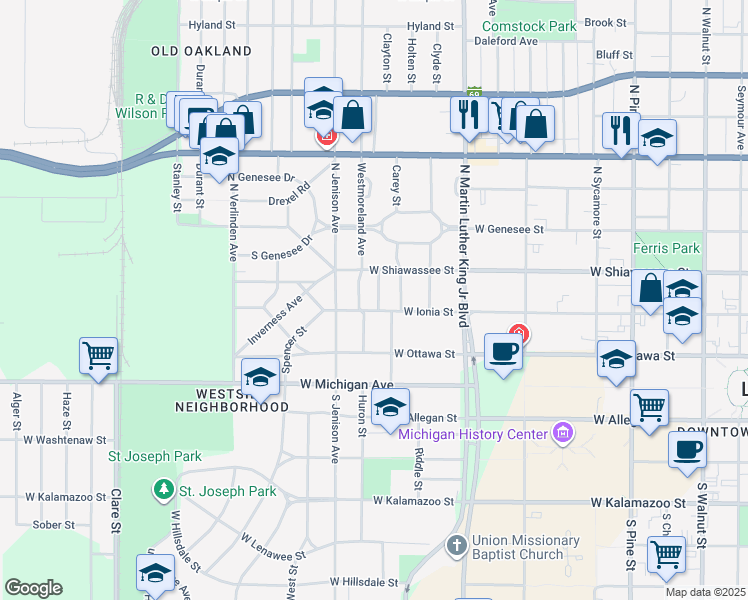 map of restaurants, bars, coffee shops, grocery stores, and more near 310 Westmoreland Avenue in Lansing