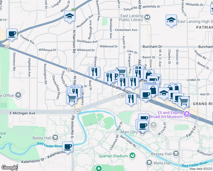 map of restaurants, bars, coffee shops, grocery stores, and more near 319 West Grand River Road in East Lansing