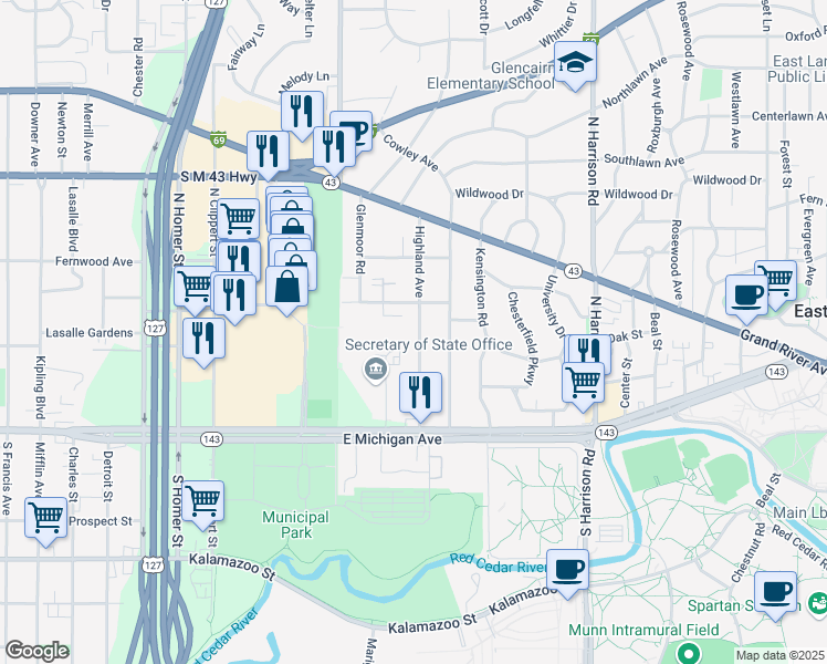 map of restaurants, bars, coffee shops, grocery stores, and more near 307 Highland Avenue in East Lansing