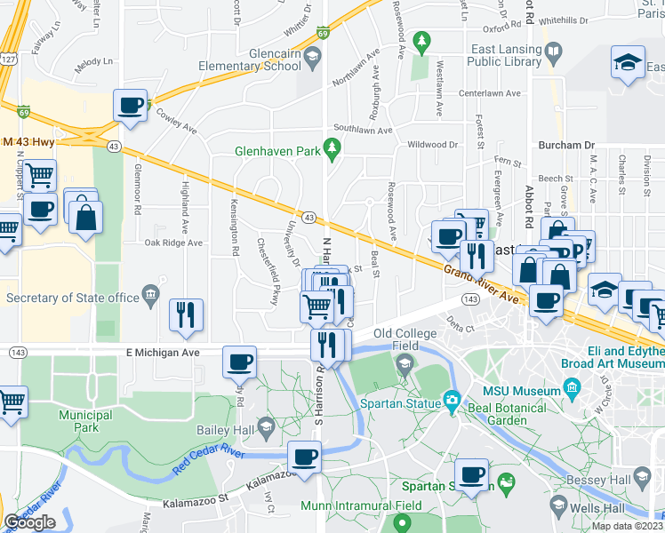 map of restaurants, bars, coffee shops, grocery stores, and more near 312 North Harrison Road in East Lansing