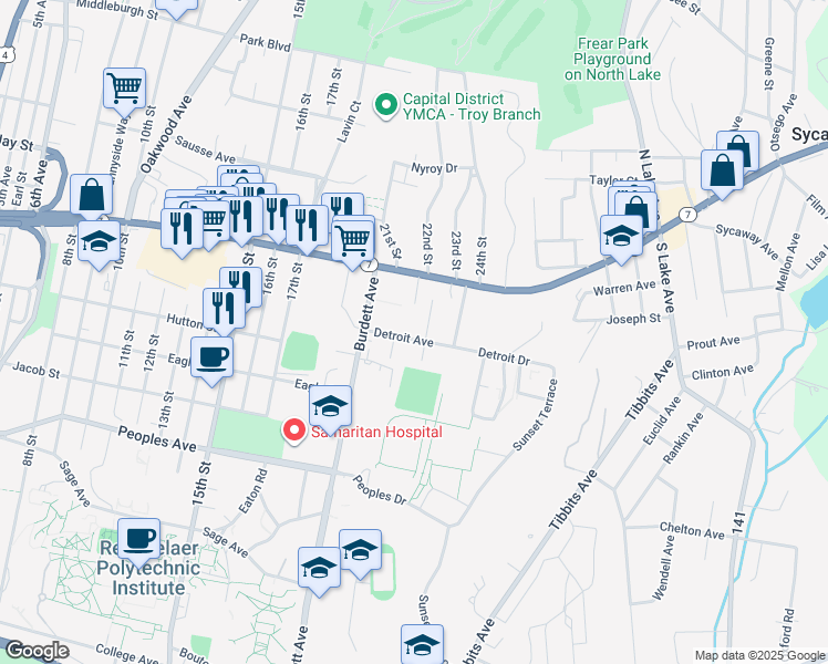 map of restaurants, bars, coffee shops, grocery stores, and more near 6 Michigan Avenue in Troy