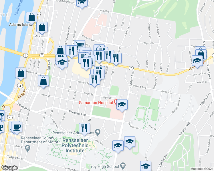 map of restaurants, bars, coffee shops, grocery stores, and more near 1605 Hutton Street in Troy