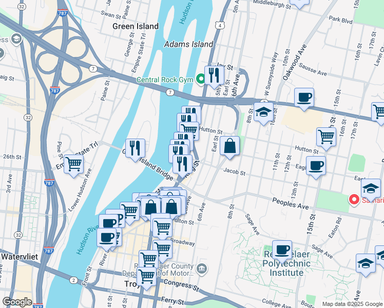 map of restaurants, bars, coffee shops, grocery stores, and more near 429 River Street in Troy