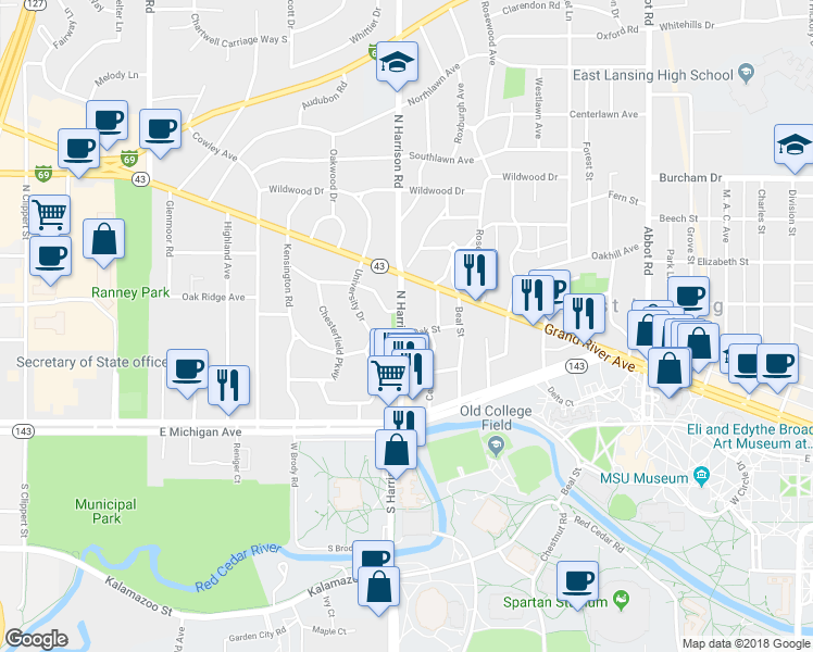 map of restaurants, bars, coffee shops, grocery stores, and more near 315 North Harrison Road in East Lansing