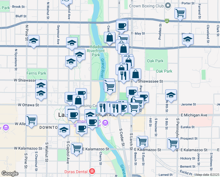 map of restaurants, bars, coffee shops, grocery stores, and more near 420e East Shiawassee Street in Lansing