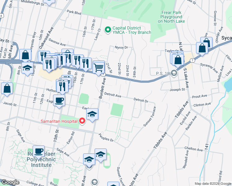 map of restaurants, bars, coffee shops, grocery stores, and more near 6 Michigan Avenue in Troy