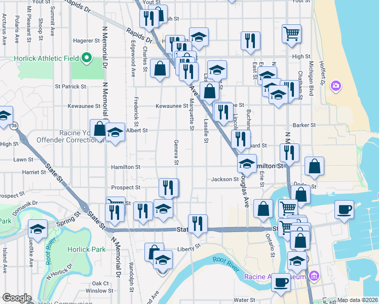 map of restaurants, bars, coffee shops, grocery stores, and more near 1228 Marquette Street in Racine