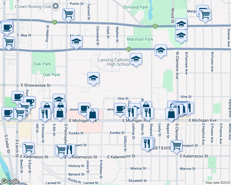 map of restaurants, bars, coffee shops, grocery stores, and more near 316 Ferguson Street in Lansing