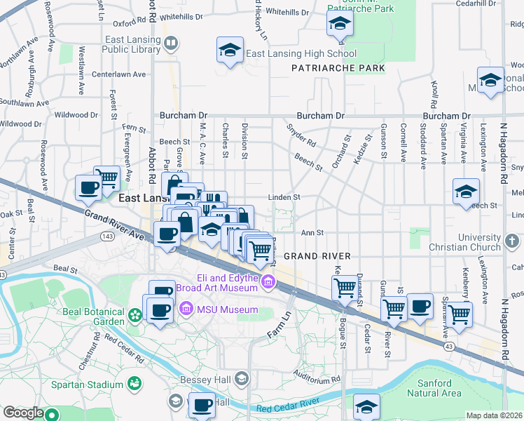map of restaurants, bars, coffee shops, grocery stores, and more near 531 Sycamore Street in East Lansing