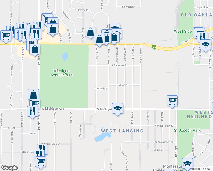 map of restaurants, bars, coffee shops, grocery stores, and more near 307 North Deerfield Avenue in Lansing
