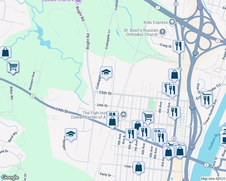 map of restaurants, bars, coffee shops, grocery stores, and more near 2557 10th Avenue in Watervliet