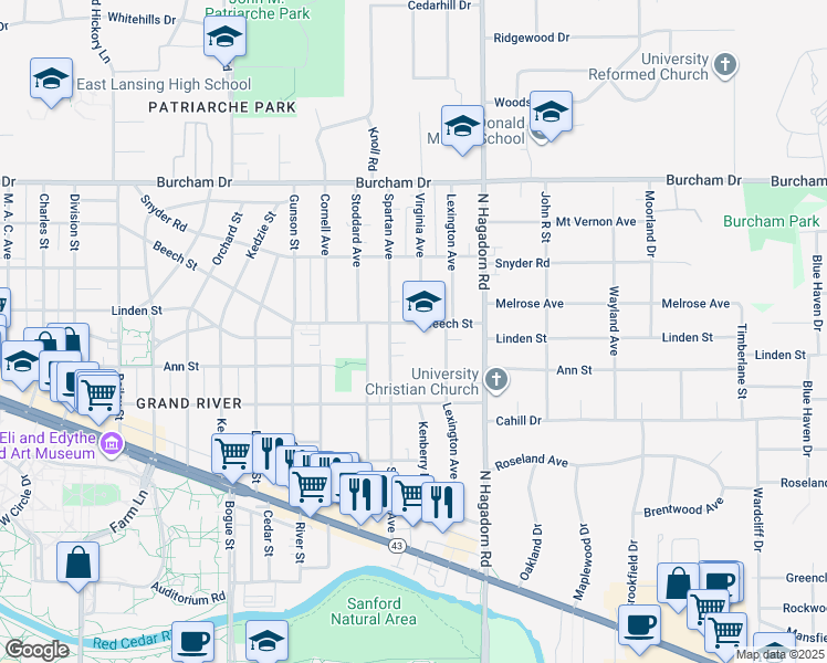 map of restaurants, bars, coffee shops, grocery stores, and more near 1330 Beech Street in East Lansing