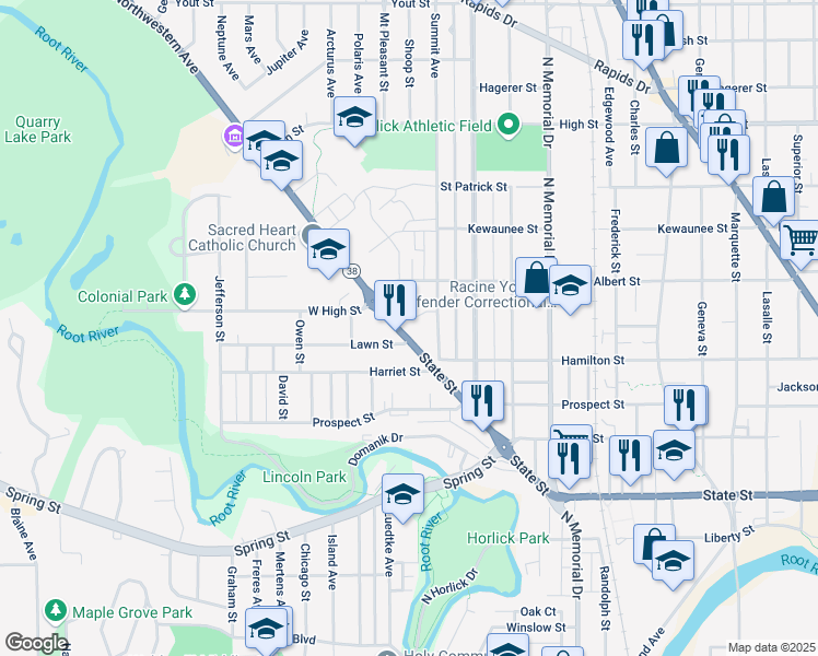 map of restaurants, bars, coffee shops, grocery stores, and more near 1948 State Street in Racine