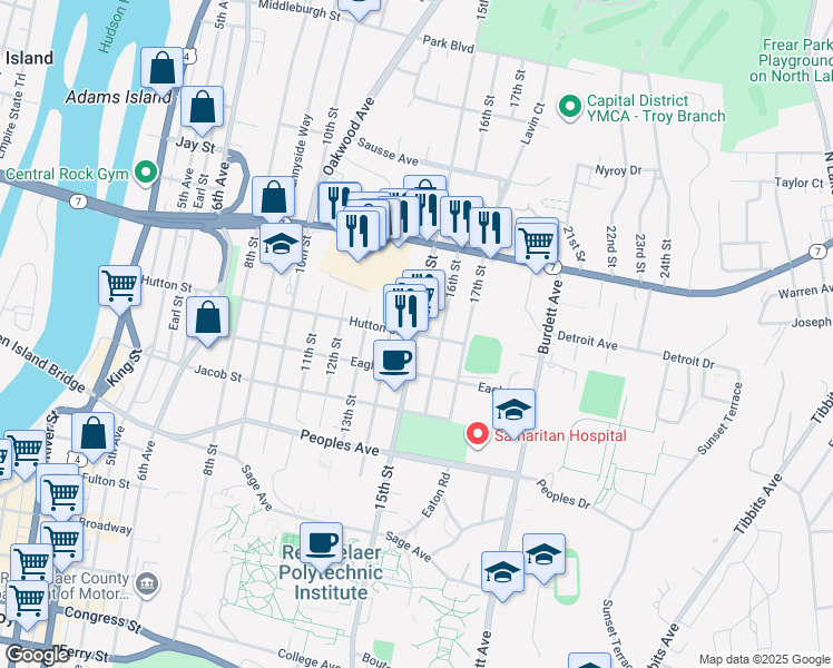 map of restaurants, bars, coffee shops, grocery stores, and more near 2300 15th St in Troy