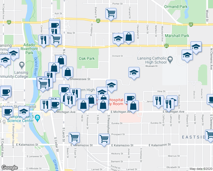 map of restaurants, bars, coffee shops, grocery stores, and more near 315 North Pennsylvania Avenue in Lansing