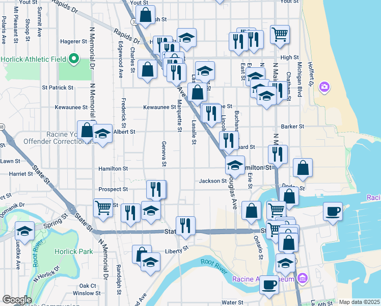 map of restaurants, bars, coffee shops, grocery stores, and more near 1232 Lasalle St in Racine