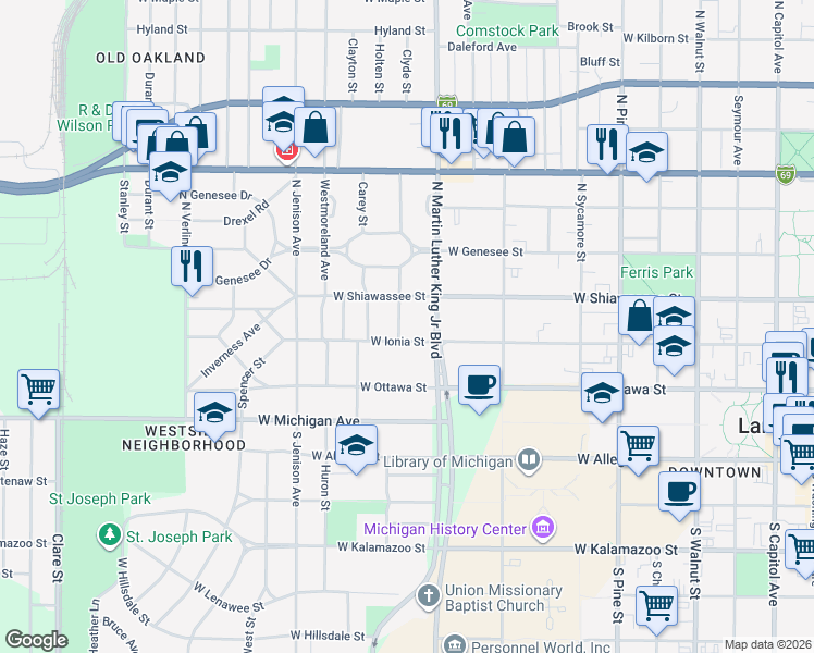 map of restaurants, bars, coffee shops, grocery stores, and more near 308 Bartlett St in Lansing