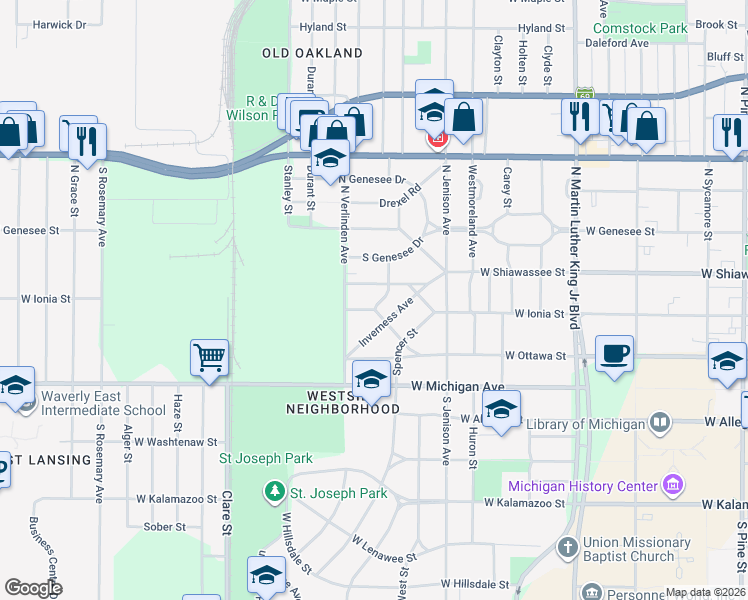 map of restaurants, bars, coffee shops, grocery stores, and more near 307 Memphis Street in Lansing