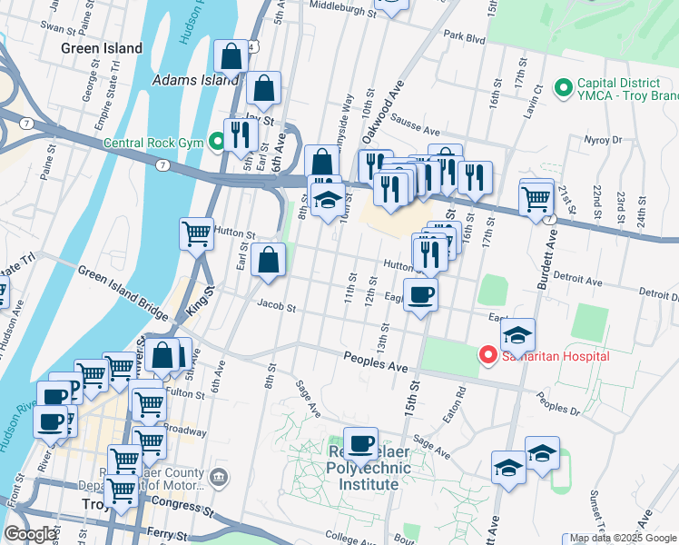 map of restaurants, bars, coffee shops, grocery stores, and more near 222 10th Street in Troy