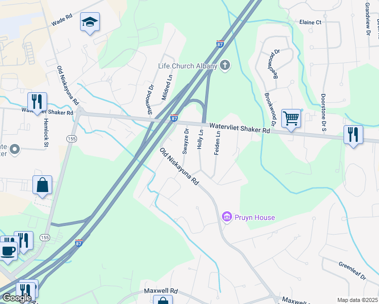 map of restaurants, bars, coffee shops, grocery stores, and more near 18 Swayze Drive in Latham