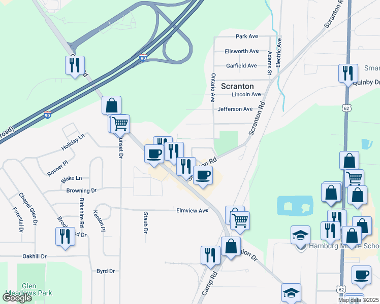 map of restaurants, bars, coffee shops, grocery stores, and more near 5546 Scranton Road in Hamburg