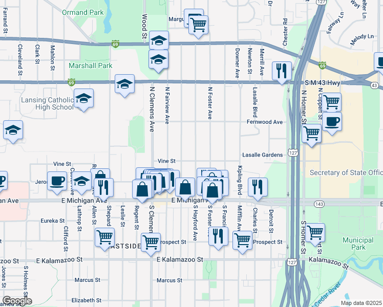 map of restaurants, bars, coffee shops, grocery stores, and more near 313 North Hayford Avenue in Lansing