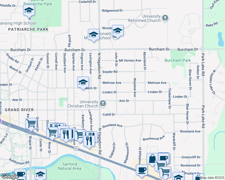 map of restaurants, bars, coffee shops, grocery stores, and more near 1553 Linden Street in East Lansing