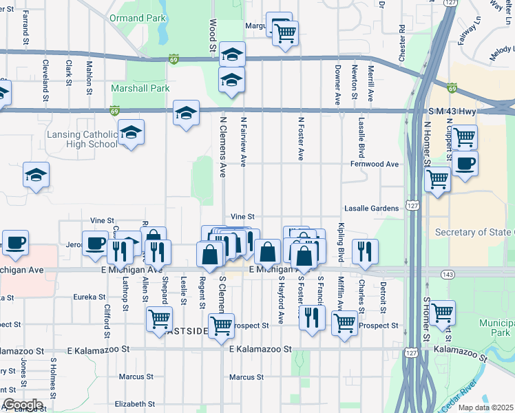 map of restaurants, bars, coffee shops, grocery stores, and more near 313 North Magnolia Avenue in Lansing