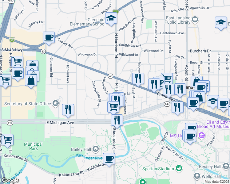 map of restaurants, bars, coffee shops, grocery stores, and more near 315 North Harrison Road in East Lansing