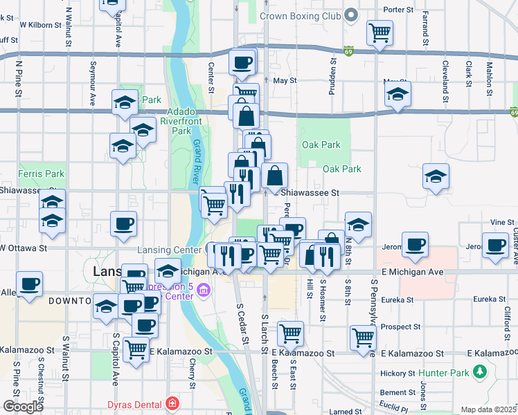 map of restaurants, bars, coffee shops, grocery stores, and more near in Lansing
