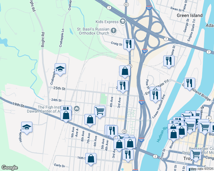 map of restaurants, bars, coffee shops, grocery stores, and more near 2524 Callahan Avenue in Watervliet