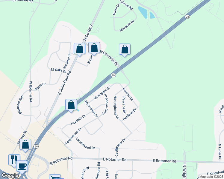 map of restaurants, bars, coffee shops, grocery stores, and more near 4610 Woodgate Drive in Janesville