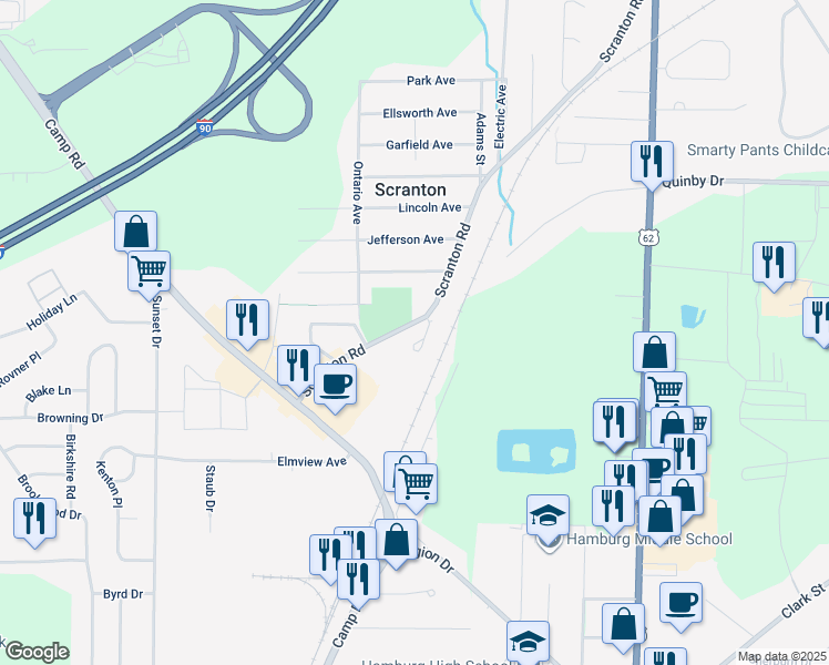 map of restaurants, bars, coffee shops, grocery stores, and more near 5489 Scranton Road in Hamburg