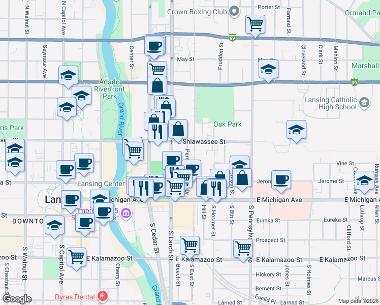 map of restaurants, bars, coffee shops, grocery stores, and more near 322 Pere Marquette Drive in Lansing