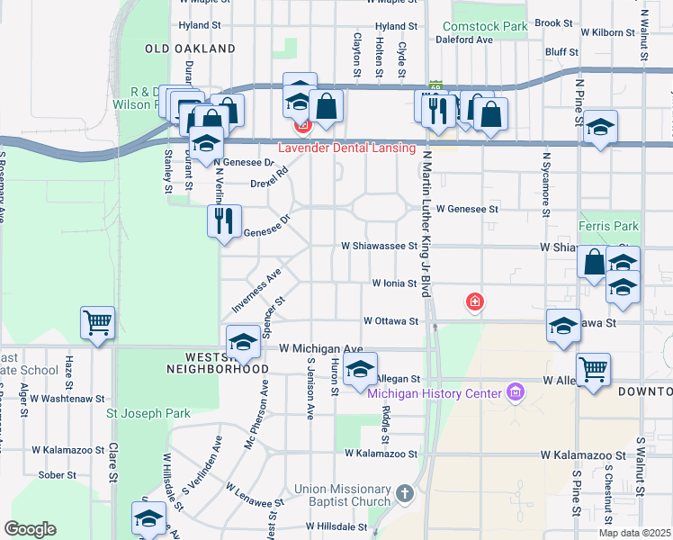 map of restaurants, bars, coffee shops, grocery stores, and more near 310 Westmoreland Avenue in Lansing