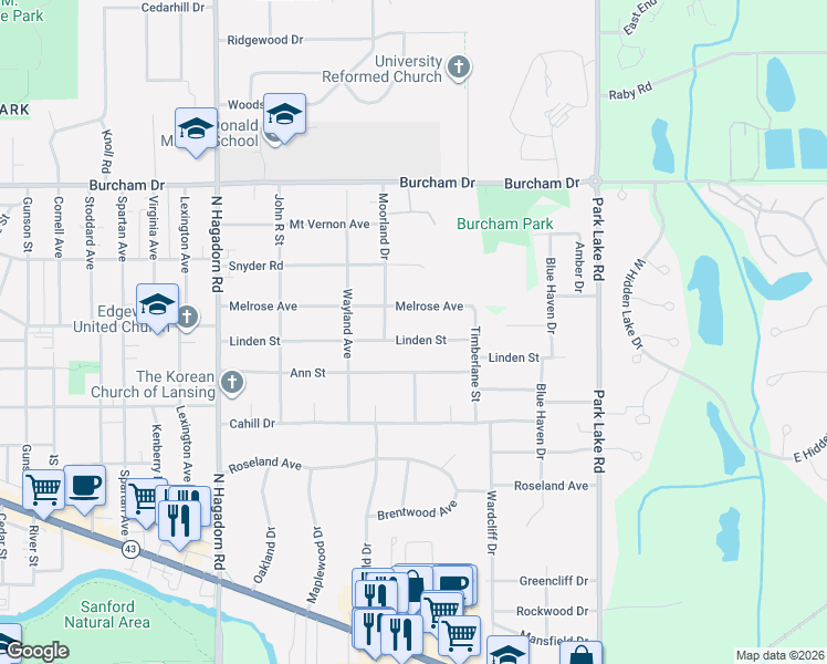 map of restaurants, bars, coffee shops, grocery stores, and more near 1833 Linden Street in East Lansing