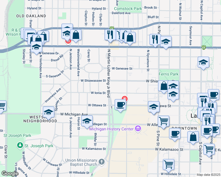 map of restaurants, bars, coffee shops, grocery stores, and more near 314 North Martin Luther King Junior Boulevard in Lansing